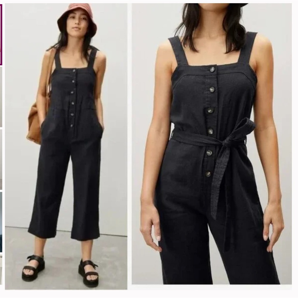 Everlane Black 100% Linen Picnic Jumpsuit Button Front Wide Leg Womens Size 0